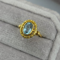 14k gold Edwardian flower floral oval aquamarine ring
