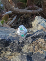14k white gold Emerald & Diamond estate Art Deco vintage antique ring