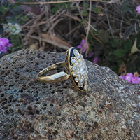 18ct Victorian enamel old mine cut diamond & enamel navette ring