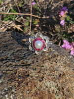 18ct gold two tone Edwardian Ruby, Pearl & Diamond ring - Hallmark