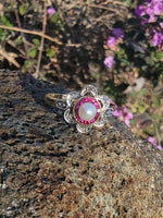 18ct gold two tone Edwardian Ruby, Pearl & Diamond ring - Hallmark