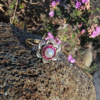 18ct gold two tone Edwardian Ruby, Pearl & Diamond ring - Hallmark