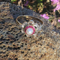 18ct gold two tone Edwardian Ruby, Pearl & Diamond ring - Hallmark