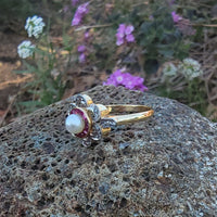 18ct gold two tone Edwardian Ruby, Pearl & Diamond ring - Hallmark