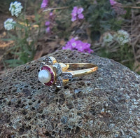 18ct gold two tone Edwardian Ruby, Pearl & Diamond ring - Hallmark