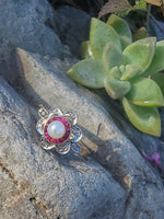 18ct gold two tone Edwardian Ruby, Pearl & Diamond ring - Hallmark