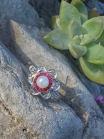 18ct gold two tone Edwardian Ruby, Pearl & Diamond ring - Hallmark