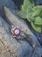 18ct gold two tone Edwardian Ruby, Pearl & Diamond ring - Hallmark