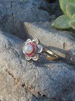 18ct gold two tone Edwardian Ruby, Pearl & Diamond ring - Hallmark