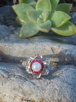 18ct gold two tone Edwardian Ruby, Pearl & Diamond ring - Hallmark