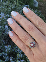 18ct gold two tone Edwardian Ruby, Pearl & Diamond ring - Hallmark