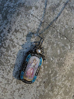 18k gold - silver top Victorian enamel lady, pearl & old rose cut diamond bow necklace pendant lavaliere