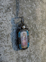 18k gold - silver top Victorian enamel lady, pearl & old rose cut diamond bow necklace pendant lavaliere