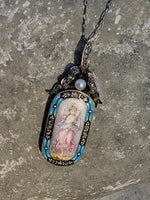 18k gold - silver top Victorian enamel lady, pearl & old rose cut diamond bow necklace pendant lavaliere