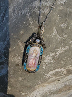18k gold - silver top Victorian enamel lady, pearl & old rose cut diamond bow necklace pendant lavaliere