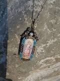 18k gold - silver top Victorian enamel lady, pearl & old rose cut diamond bow necklace pendant lavaliere