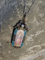 18k gold - silver top Victorian enamel lady, pearl & old rose cut diamond bow necklace pendant lavaliere