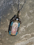 18k gold - silver top Victorian enamel lady, pearl & old rose cut diamond bow necklace pendant lavaliere