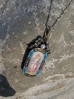 18k gold - silver top Victorian enamel lady, pearl & old rose cut diamond bow necklace pendant lavaliere