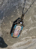 18k gold - silver top Victorian enamel lady, pearl & old rose cut diamond bow necklace pendant lavaliere