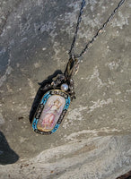 18k gold - silver top Victorian enamel lady, pearl & old rose cut diamond bow necklace pendant lavaliere