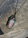 18k gold - silver top Victorian enamel lady, pearl & old rose cut diamond bow necklace pendant lavaliere