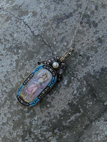 18k gold - silver top Victorian enamel lady, pearl & old rose cut diamond bow necklace pendant lavaliere