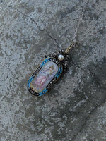 18k gold - silver top Victorian enamel lady, pearl & old rose cut diamond bow necklace pendant lavaliere