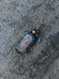 18k gold - silver top Victorian enamel lady, pearl & old rose cut diamond bow necklace pendant lavaliere