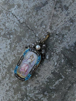18k gold - silver top Victorian enamel lady, pearl & old rose cut diamond bow necklace pendant lavaliere