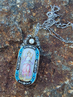 18k gold - silver top Victorian enamel lady, pearl & old rose cut diamond bow necklace pendant lavaliere