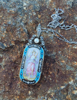 18k gold - silver top Victorian enamel lady, pearl & old rose cut diamond bow necklace pendant lavaliere