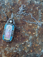 18k gold - silver top Victorian enamel lady, pearl & old rose cut diamond bow necklace pendant lavaliere
