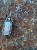 18k gold - silver top Victorian enamel lady, pearl & old rose cut diamond bow necklace pendant lavaliere