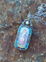 18k gold - silver top Victorian enamel lady, pearl & old rose cut diamond bow necklace pendant lavaliere