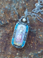 18k gold - silver top Victorian enamel lady, pearl & old rose cut diamond bow necklace pendant lavaliere