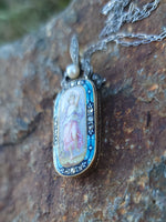 18k gold - silver top Victorian enamel lady, pearl & old rose cut diamond bow necklace pendant lavaliere