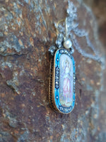 18k gold - silver top Victorian enamel lady, pearl & old rose cut diamond bow necklace pendant lavaliere