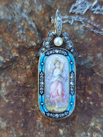 18k gold - silver top Victorian enamel lady, pearl & old rose cut diamond bow necklace pendant lavaliere