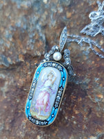 18k gold - silver top Victorian enamel lady, pearl & old rose cut diamond bow necklace pendant lavaliere