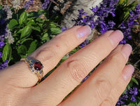 14k tri colored gold Art Deco garnet ring