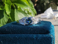 18k white gold Art Deco Aquamarine & Diamond estate Ring
