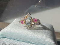 18k gold two tone aquamarine, diamond & ruby estate ring
