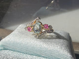 18k gold two tone aquamarine, diamond & ruby estate ring