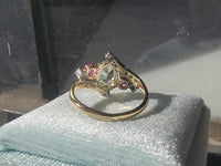 18k gold two tone aquamarine, diamond & ruby estate ring
