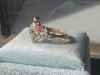 18k gold two tone aquamarine, diamond & ruby estate ring