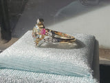 18k gold two tone aquamarine, diamond & ruby estate ring
