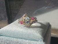 18k gold two tone aquamarine, diamond & ruby estate ring