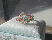 18k gold two tone aquamarine, diamond & ruby estate ring