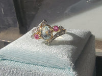 18k gold two tone aquamarine, diamond & ruby estate ring